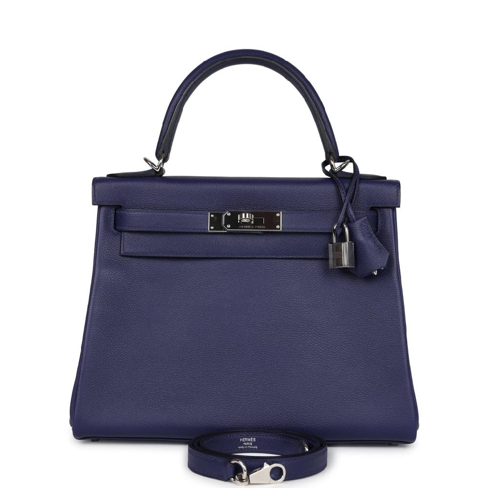 Pre-owned Hermes Kelly Retourne 28 Bleu Encre Verso Evercolor Palladium Hardware
