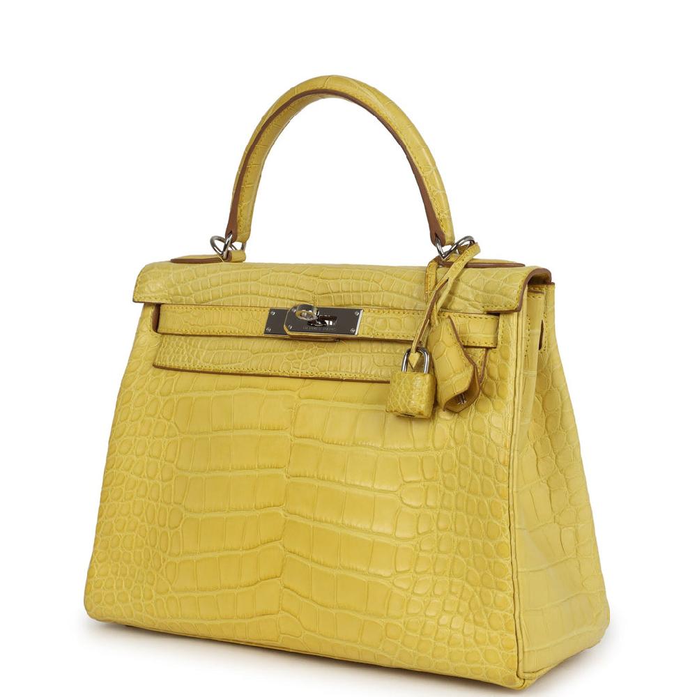 Pre-owned Hermes Kelly Retourne 28 Mimosa Matte Alligator Mississippiensis Palladium Hardware