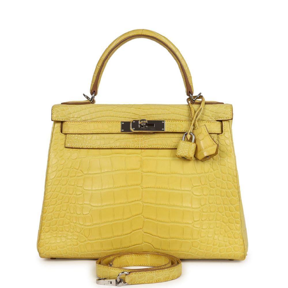 Pre-owned Hermes Kelly Retourne 28 Mimosa Matte Alligator Mississippiensis Palladium Hardware