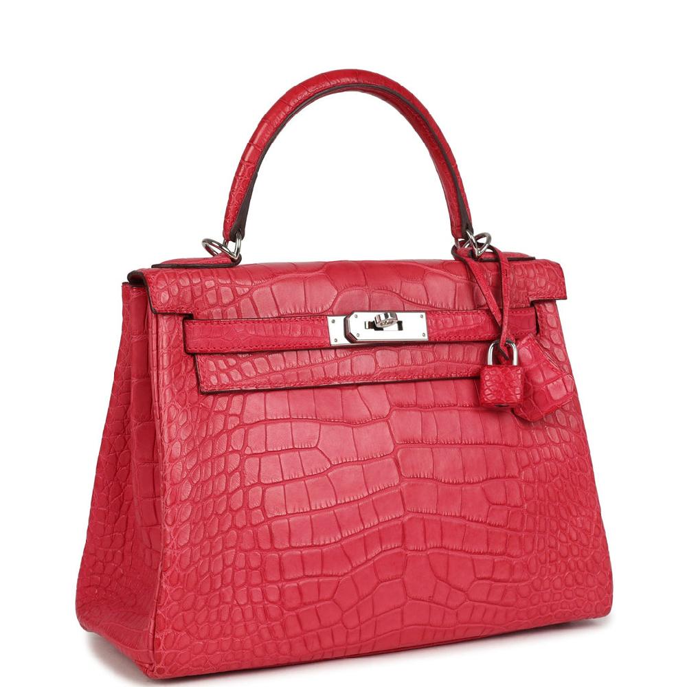 Pre-owned Hermes Kelly Retourne 28 Rose Extreme Matte Alligator Palladium Hardware
