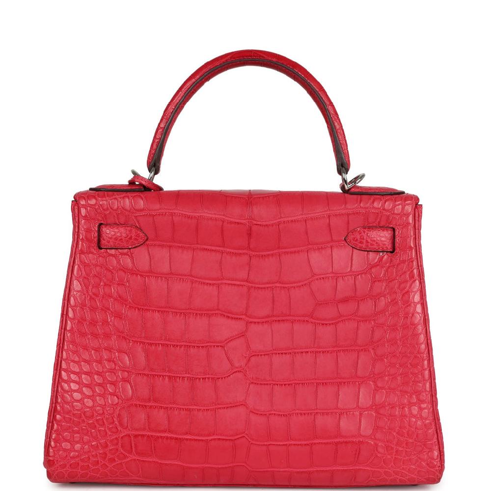 Pre-owned Hermes Kelly Retourne 28 Rose Extreme Matte Alligator Palladium Hardware