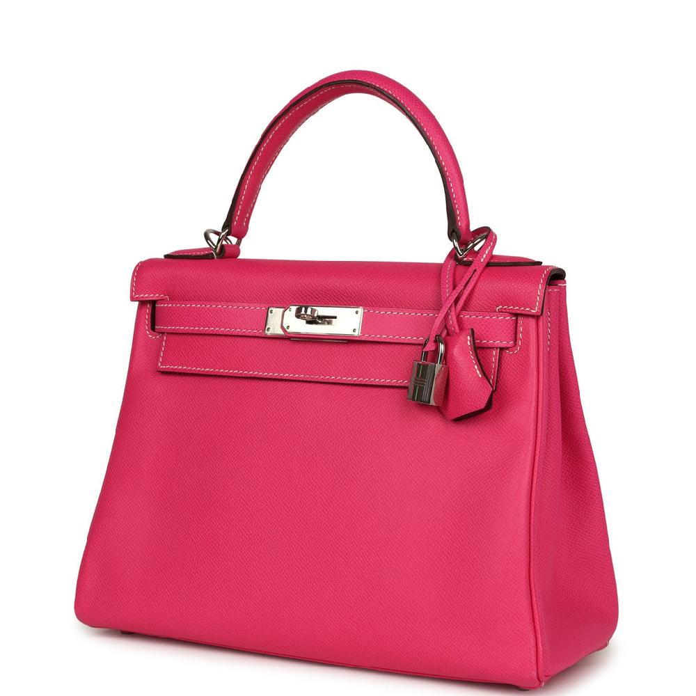 Pre-owned Hermes Kelly Retourne 28 Rose Tyrien Candy Epsom Palladium Hardware