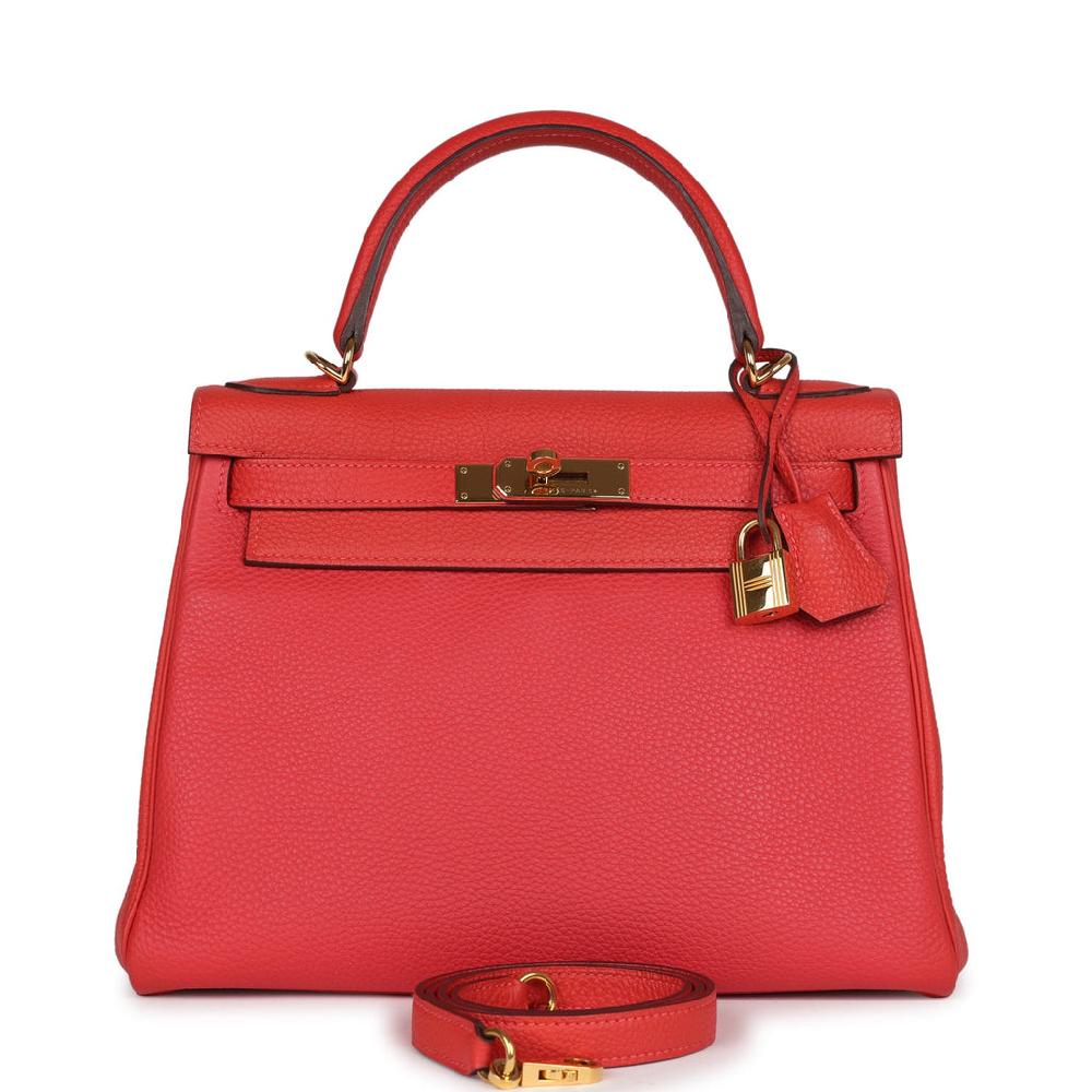 Pre-owned Hermes Kelly Retourne 28 Rouge Pivoine Togo Gold Hardware