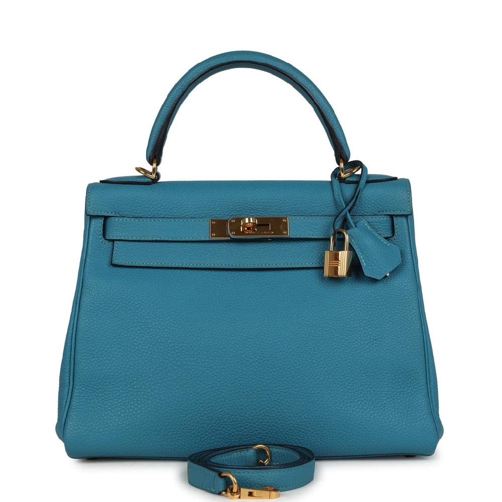 Pre-owned Hermes Kelly Retourne 28 Turquoise Togo Gold Hardware