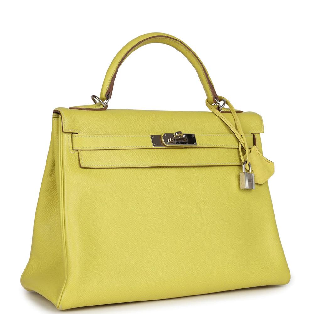 Pre-owned Hermes Kelly Retourne 32 Lime Candy Epsom Palladium Hardware