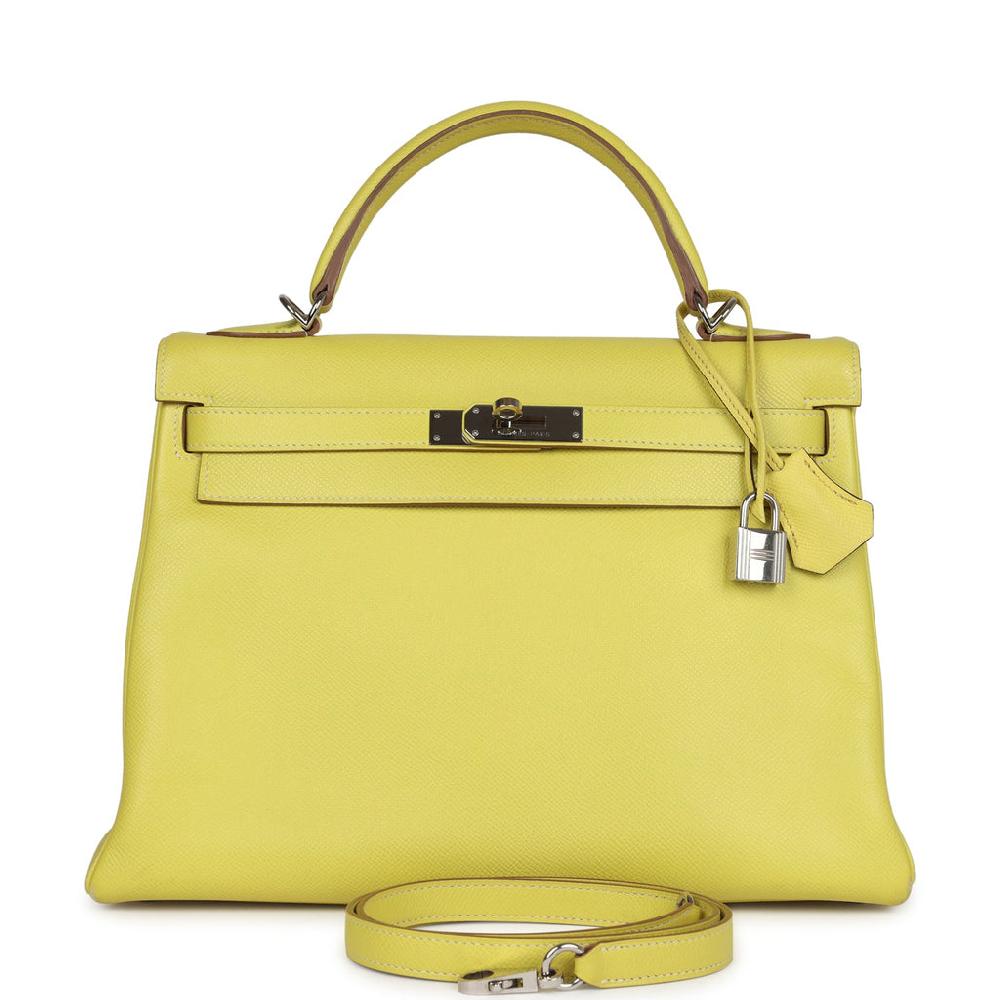 Pre-owned Hermes Kelly Retourne 32 Lime Candy Epsom Palladium Hardware