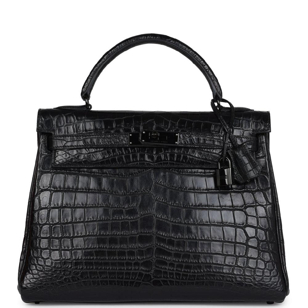Pre-owned Hermes Kelly Retourne 32 SO Black Matte Niloticus Crocodile Black Hardware