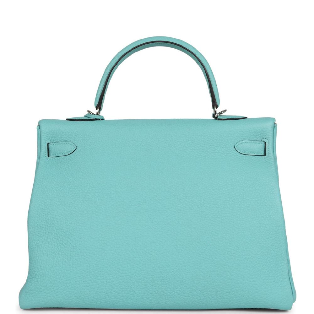Pre-owned Hermes Kelly Retourne 35 Bleu Atoll Clemence Palladium Hardware