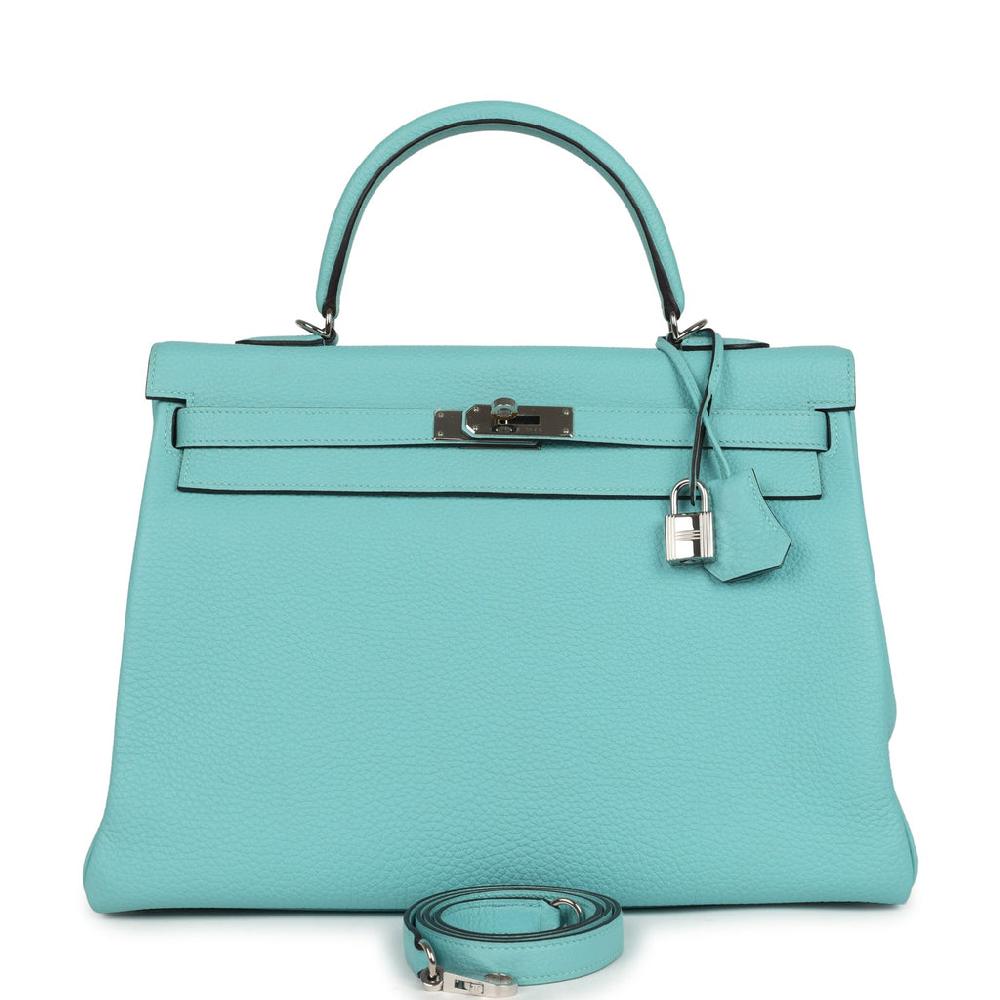 Pre-owned Hermes Kelly Retourne 35 Bleu Atoll Clemence Palladium Hardware