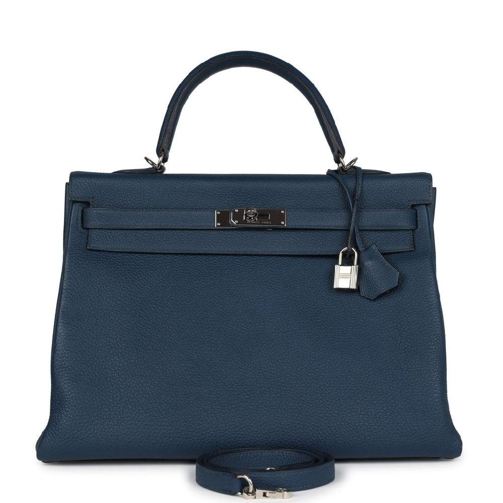Pre-owned Hermes Kelly Retourne 35 Bleu De Prusse Togo Palladium Hardware