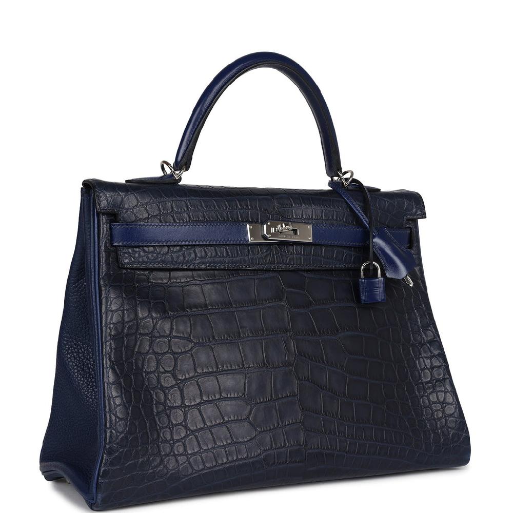 Pre-owned Hermes Kelly Retourne 35 Bleu Indigo Matte Alligator And Bleu Saphir Swift And Clemence Palladium Hardware