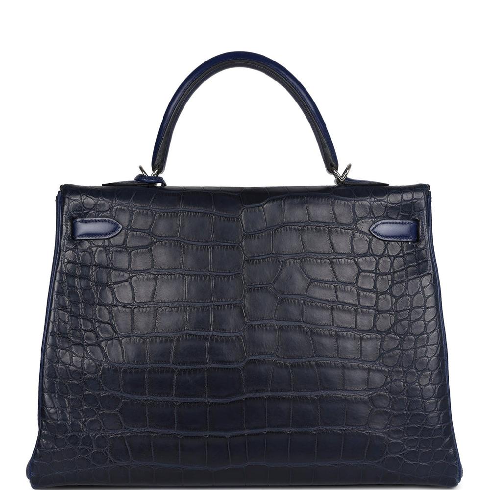 Pre-owned Hermes Kelly Retourne 35 Bleu Indigo Matte Alligator And Bleu Saphir Swift And Clemence Palladium Hardware