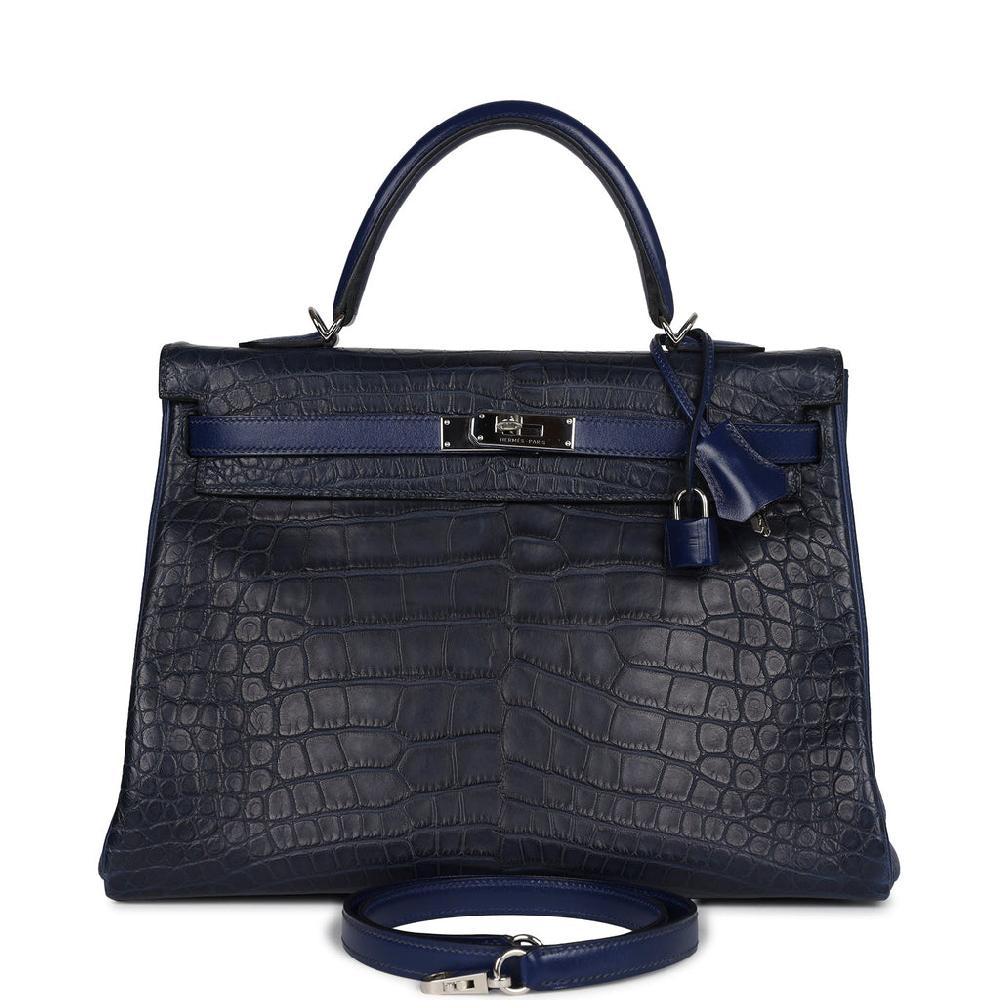 Pre-owned Hermes Kelly Retourne 35 Bleu Indigo Matte Alligator and Bleu Saphir Swift and Clemence Palladium Hardware