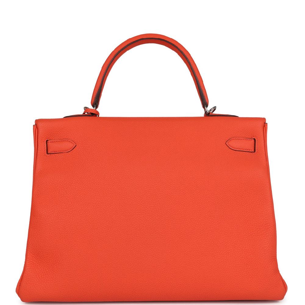 Pre-owned Hermes Kelly Retourne 35 Orange Poppy Togo Palladium Hardware