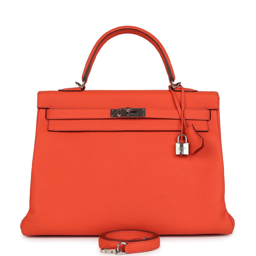 Pre-owned Hermes Kelly Retourne 35 Orange Poppy Togo Palladium Hardware