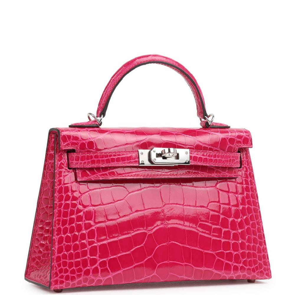 Pre-owned Hermes Kelly Sellier 20 Rose Mexico Shiny Alligator Palladium Hardware