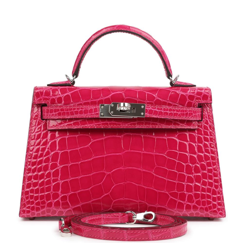 Pre-owned Hermes Kelly Sellier 20 Rose Mexico Shiny Alligator Palladium Hardware