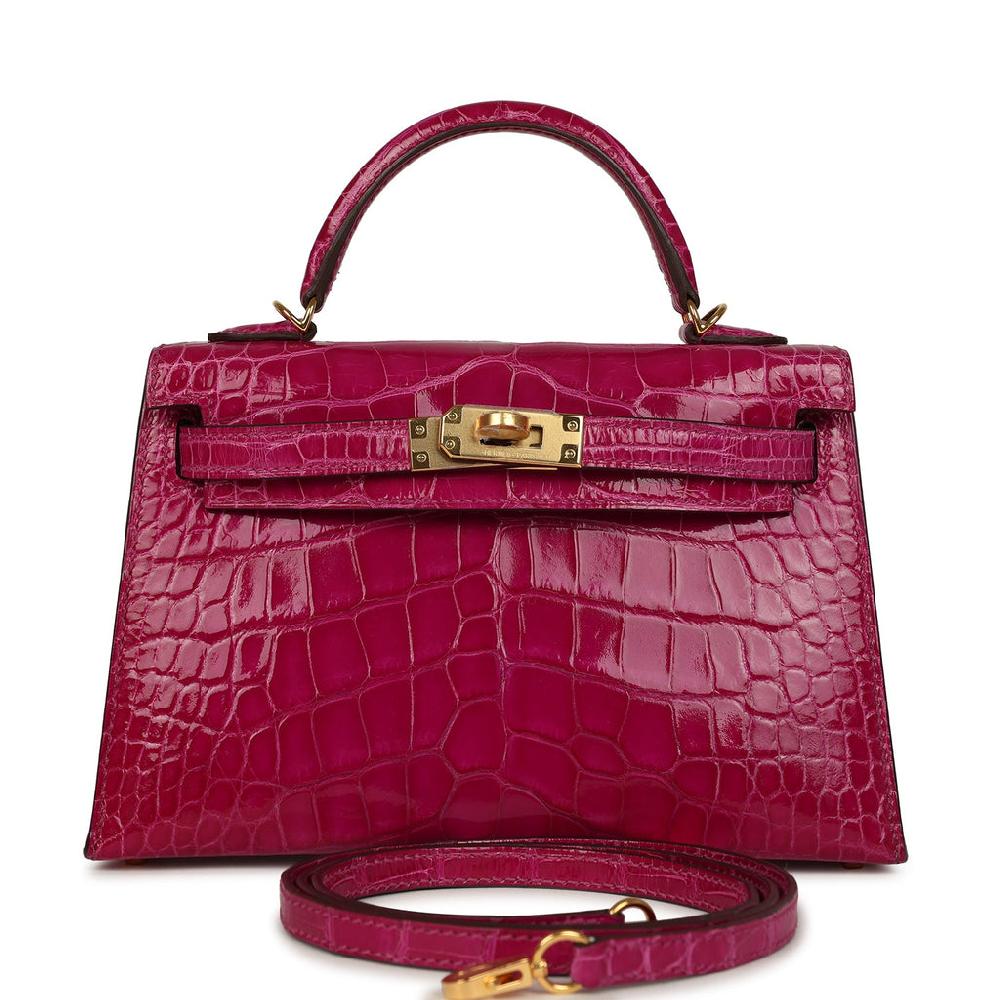 Pre-owned Hermes Kelly Sellier 20 Rose Scheherazade Shiny Alligator Gold Hardware