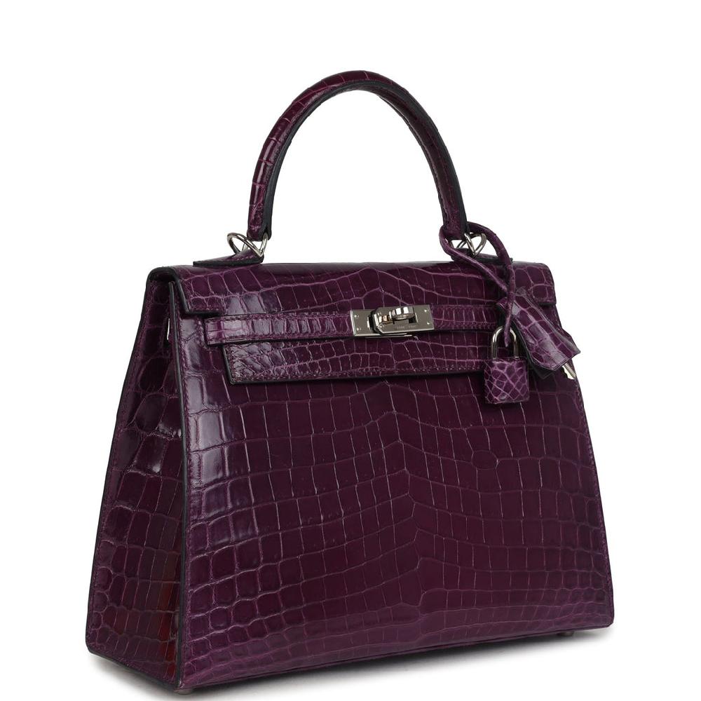 Pre-owned Hermes Kelly Sellier 25 Amethyst Shiny Niloticus Crocodile Palladium Hardware