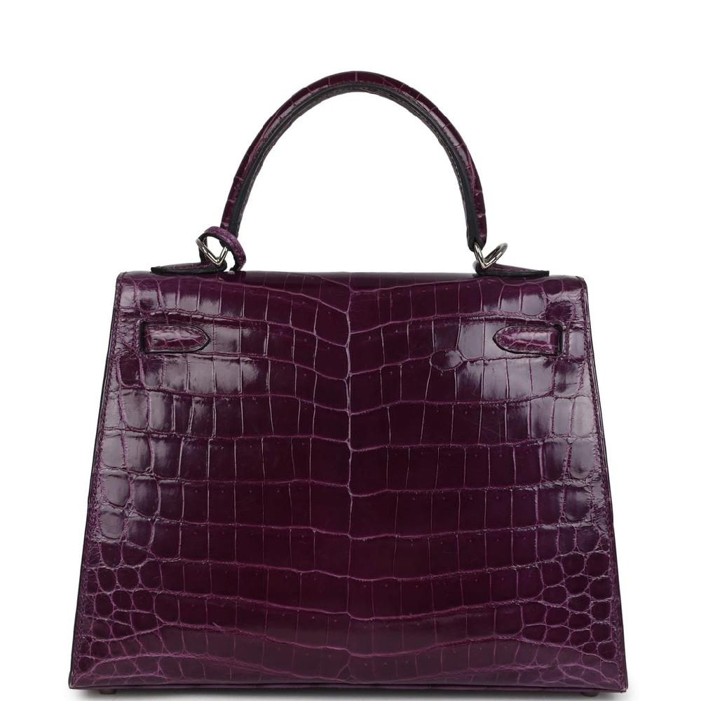 Pre-owned Hermes Kelly Sellier 25 Amethyst Shiny Niloticus Crocodile Palladium Hardware