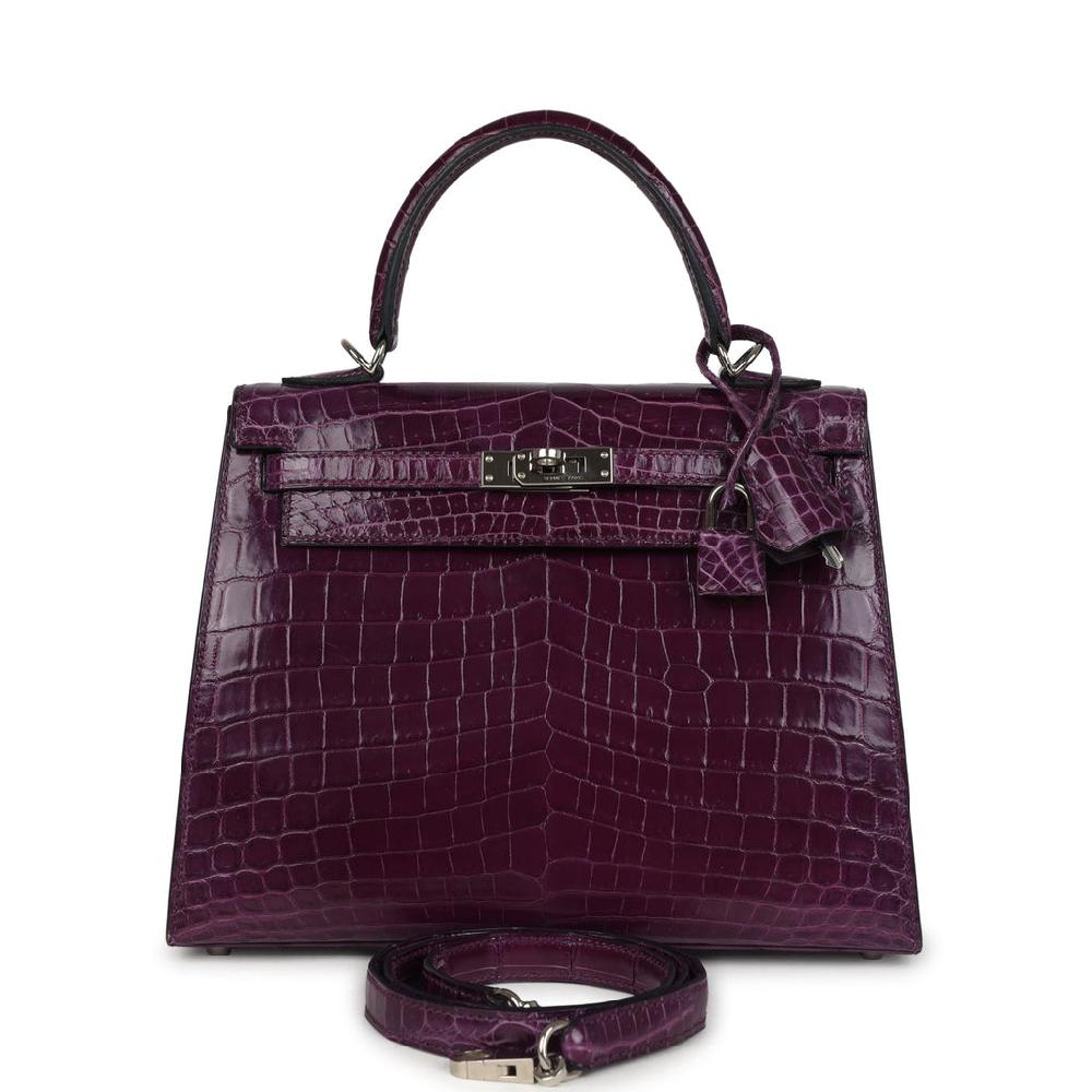 Pre-owned Hermes Kelly Sellier 25 Amethyst Shiny Niloticus Crocodile Palladium Hardware