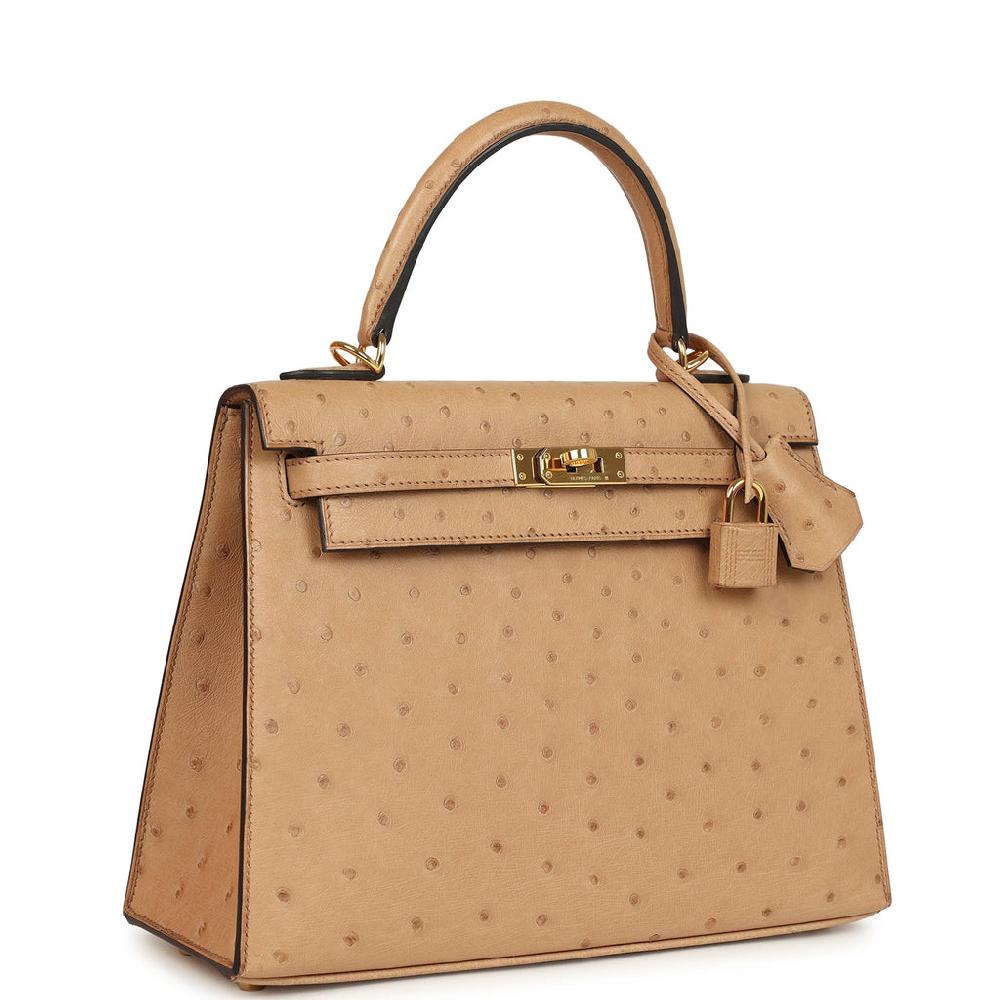 Pre-owned Hermes Kelly Sellier 25 Chai Ostrich Gold Hardware