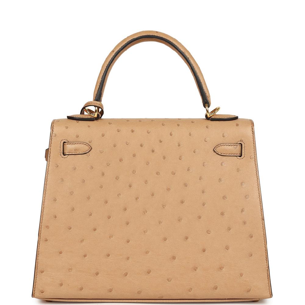 Pre-owned Hermes Kelly Sellier 25 Chai Ostrich Gold Hardware