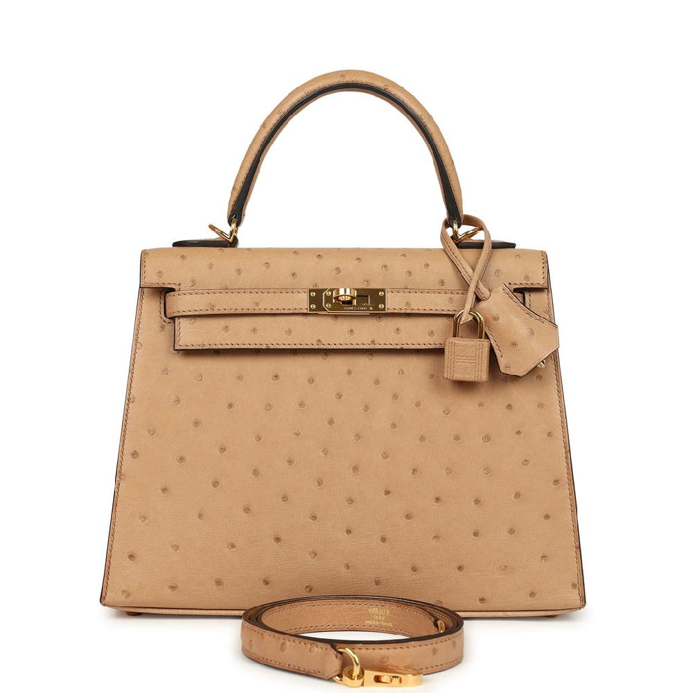 Pre-owned Hermes Kelly Sellier 25 Chai Ostrich Gold Hardware