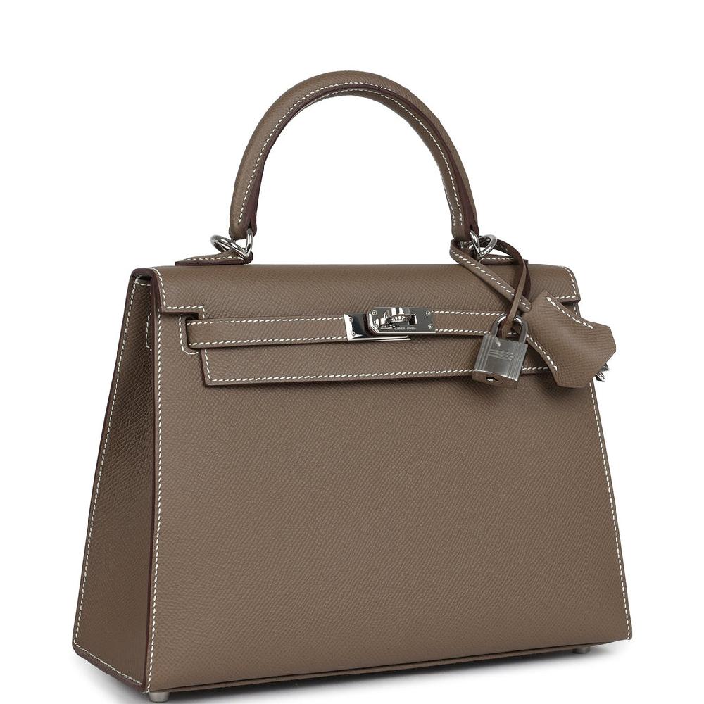 Pre-owned Hermes Kelly Sellier 25 Etoupe Epsom Palladium Hardware
