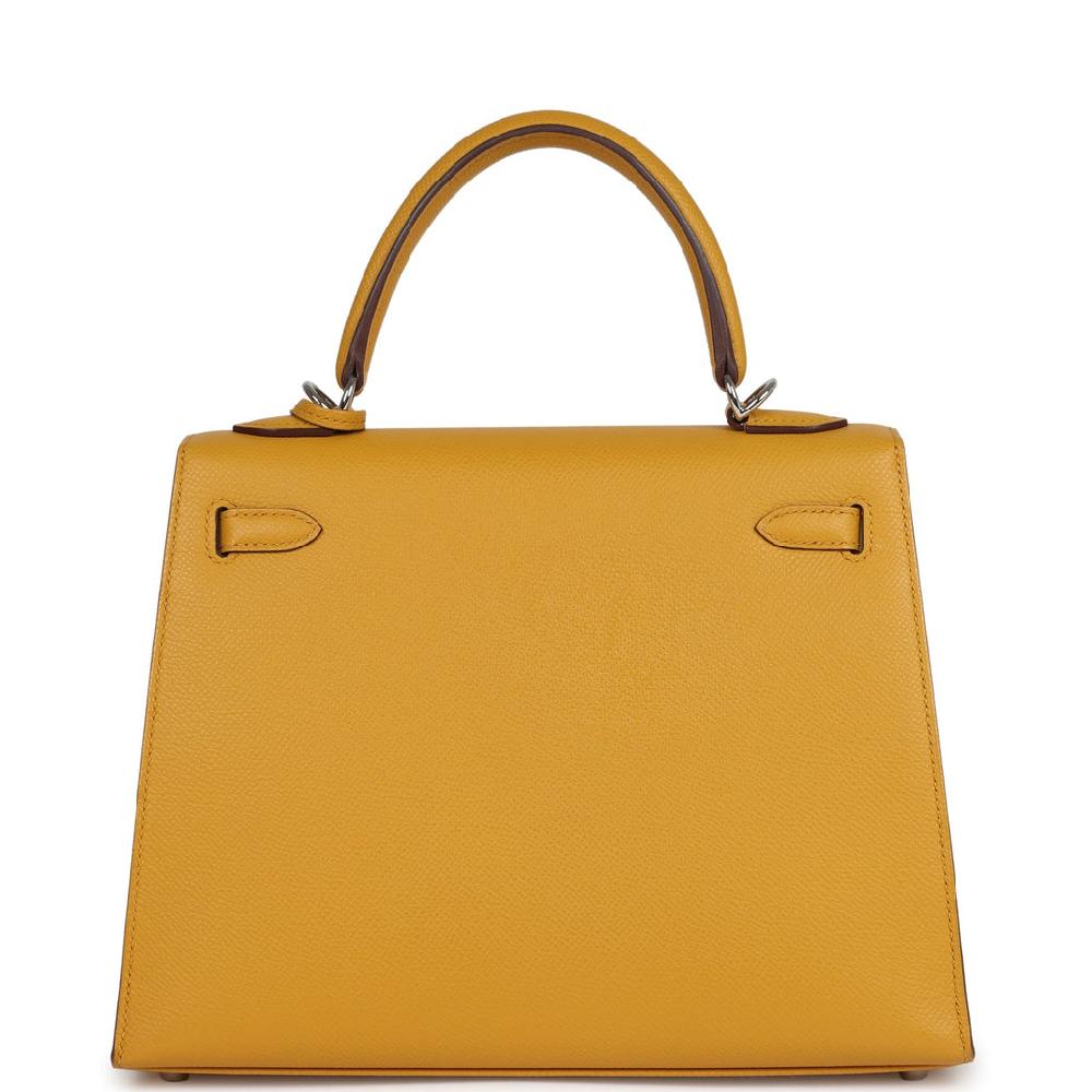 Pre-owned Hermes Kelly Sellier 25 Jaune Ambre Epsom Palladium Hardware