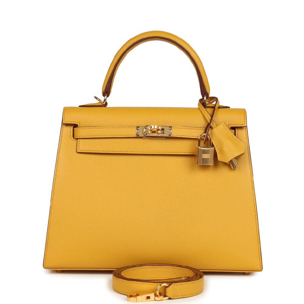 Pre-owned Hermes Kelly Sellier 25 Jaune Ambre Epsom Gold Hardware