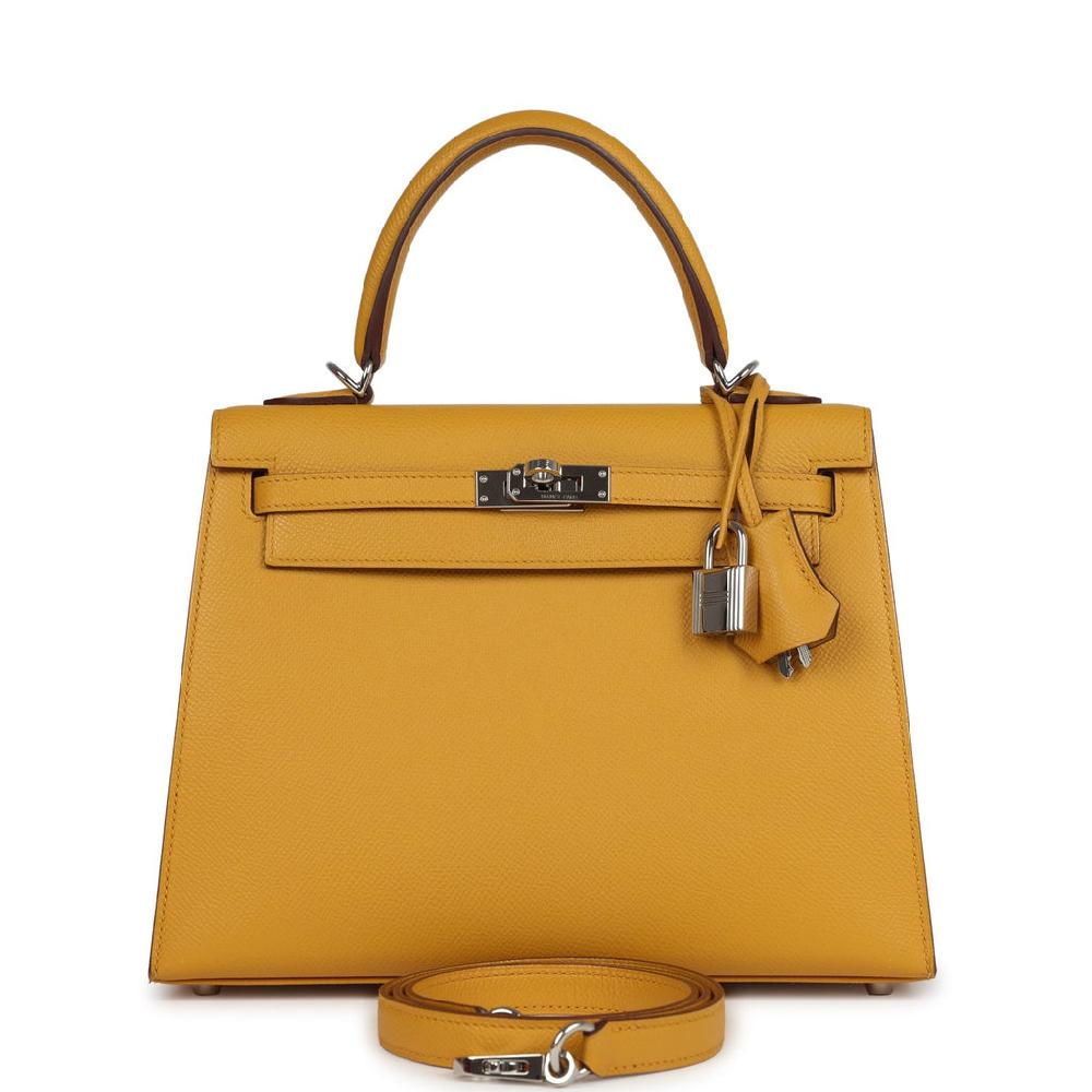Pre-owned Hermes Kelly Sellier 25 Jaune Ambre Epsom Palladium Hardware