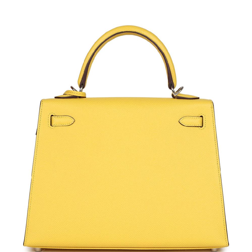 Pre-owned Hermes Kelly Sellier 25 Jaune De Naples Epsom Palladium Hardware