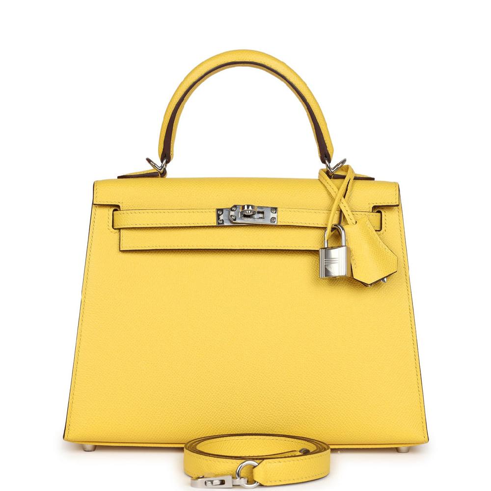 Pre-owned Hermes Kelly Sellier 25 Jaune De Naples Epsom Palladium Hardware