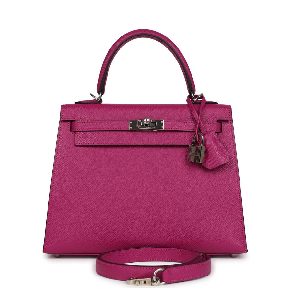 Pre-owned Hermes Kelly Sellier 25 Rose Pourpre Epsom Palladium Hardware