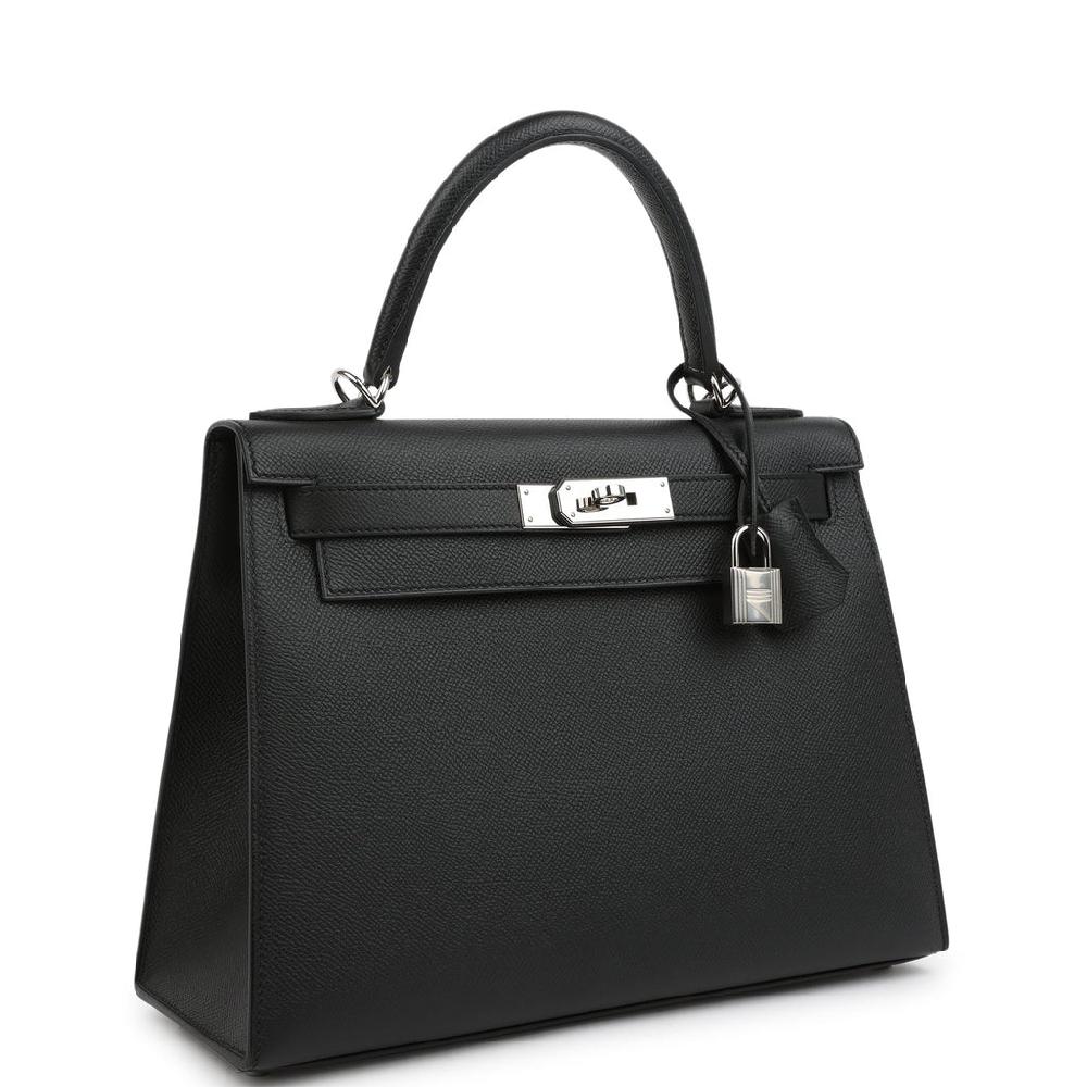 Pre-owned Hermes Kelly Sellier 28 Black Epsom Palladium Hardware
