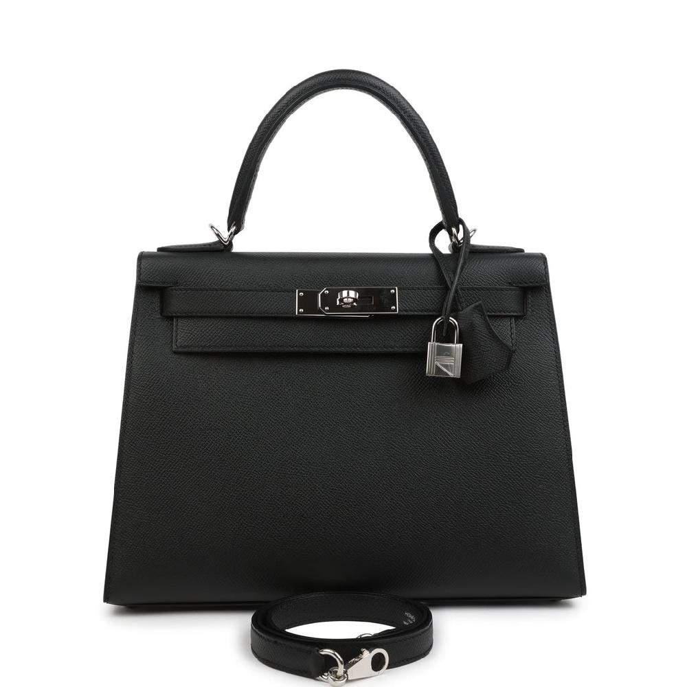 Pre-owned Hermes Kelly Sellier 28 Black Epsom Palladium Hardware