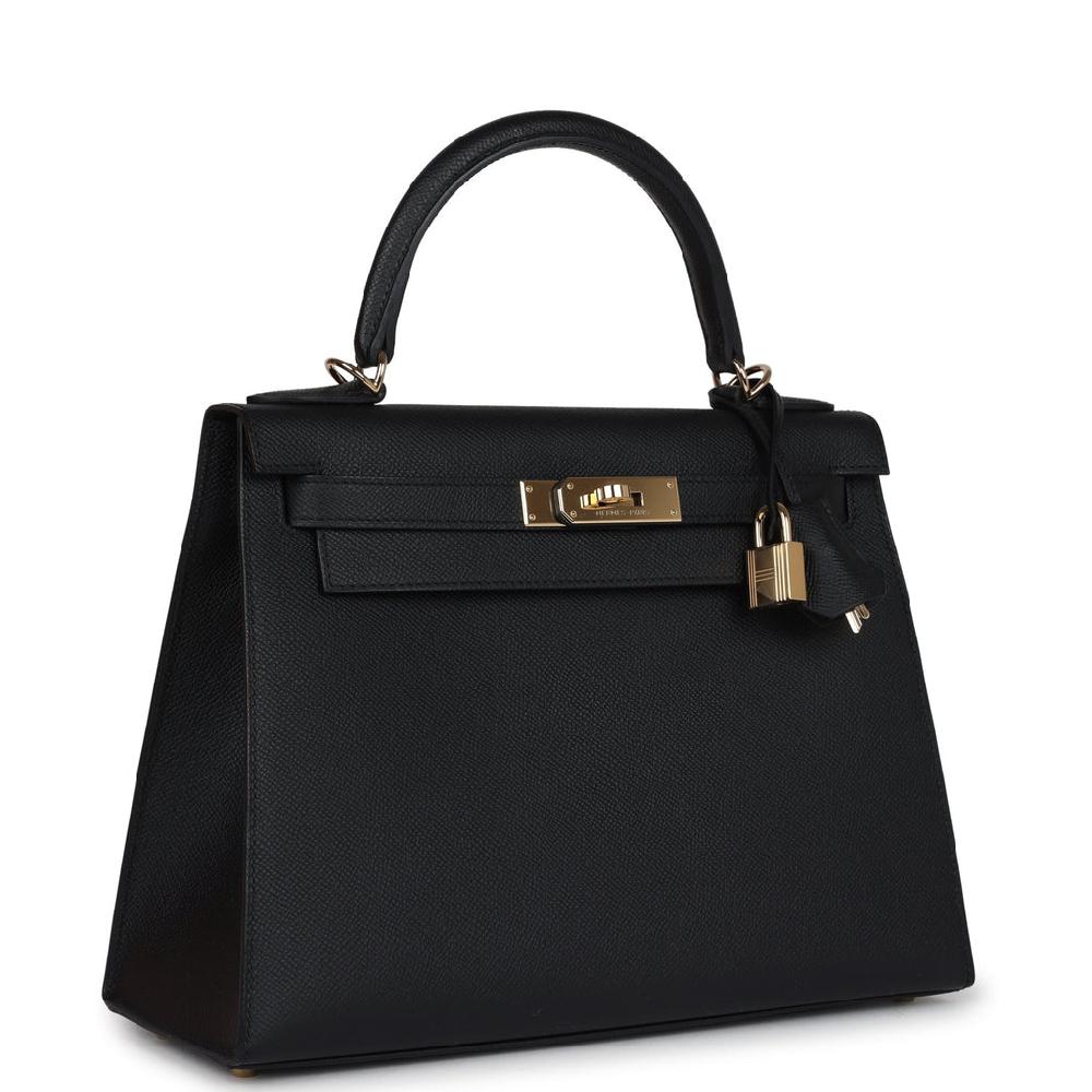 Pre-owned Hermes Kelly Sellier 28 Black Epsom Permabrass Hardware