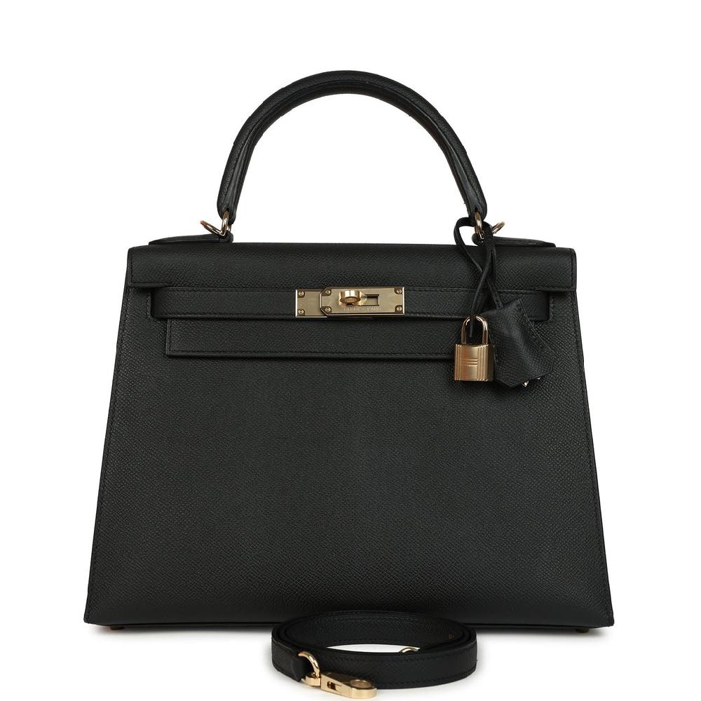 Pre-owned Hermes Kelly Sellier 28 Black Epsom Permabrass Hardware