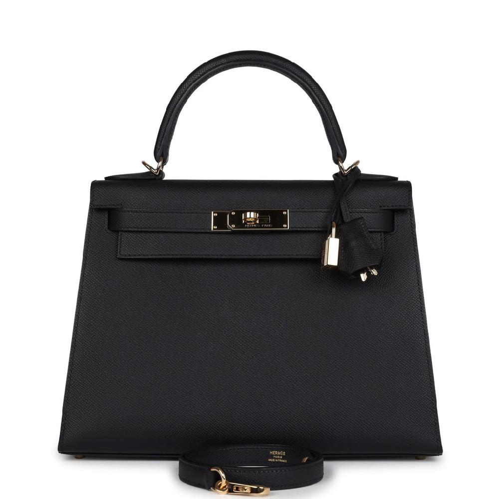 Pre-owned Hermes Kelly Sellier 28 Black Epsom Permabrass Hardware
