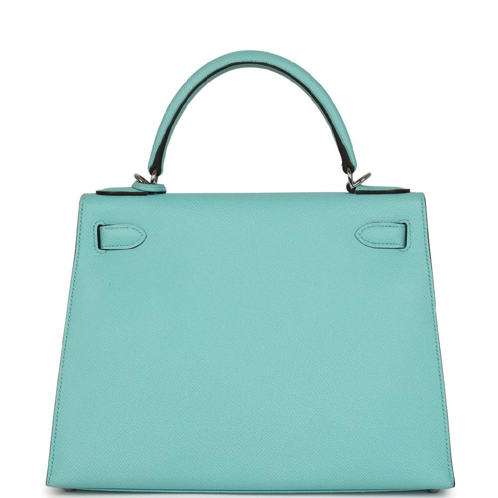 Pre-owned Hermes Kelly Sellier 28 Bleu Atoll Epsom Palladium Hardware