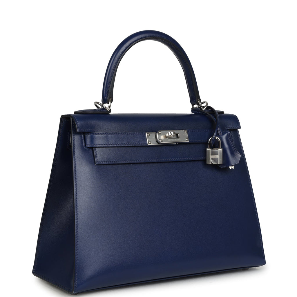 Pre-owned Hermes Kelly Sellier 28 Bleu Saphir Box Palladium Hardware