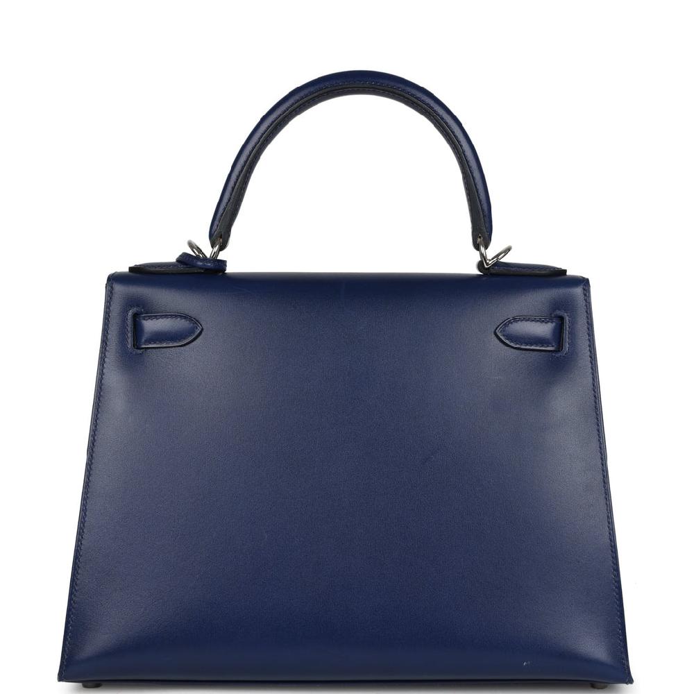 Pre-owned Hermes Kelly Sellier 28 Bleu Saphir Box Palladium Hardware