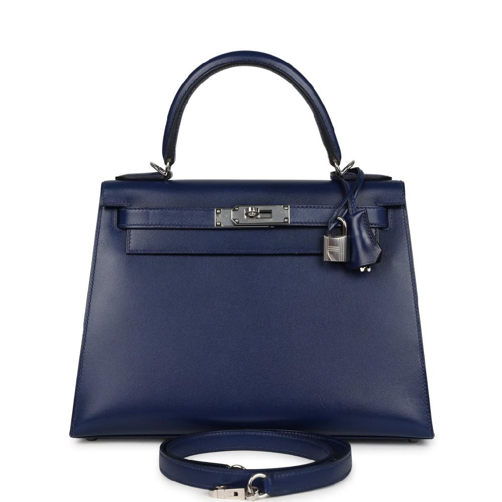 Pre-owned Hermes Kelly Sellier 28 Bleu Saphir Box Palladium Hardware