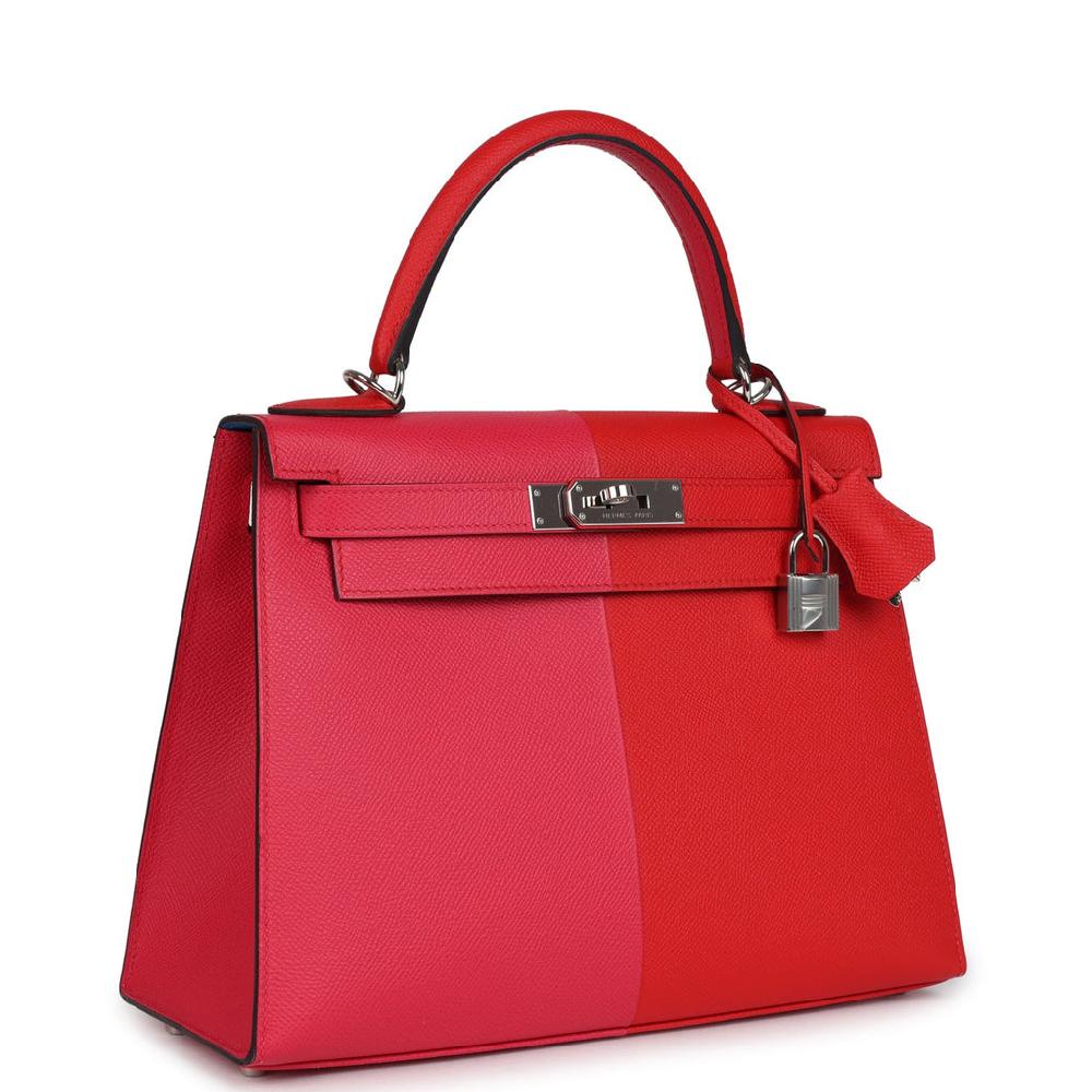 Pre-owned Hermes Kelly Sellier 28 Casaque Rouge De Coeur Rose Extreme And Bleu Zanzibar Epsom Palladium Hardware