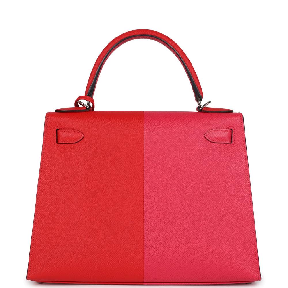 Pre-owned Hermes Kelly Sellier 28 Casaque Rouge De Coeur Rose Extreme And Bleu Zanzibar Epsom Palladium Hardware