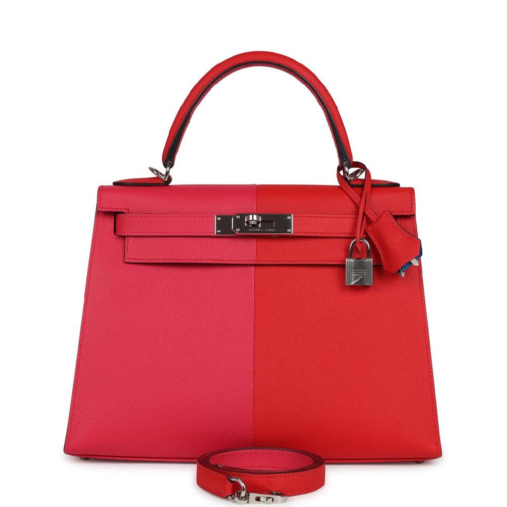 Pre-owned Hermes Kelly Sellier 28 Casaque Rouge De Coeur Rose Extreme and Bleu Zanzibar Epsom Palladium Hardware