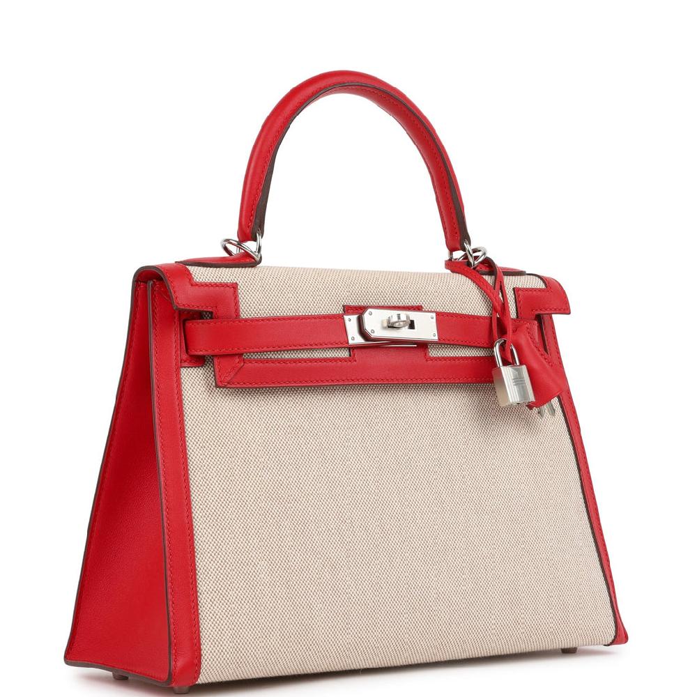 Pre-owned Hermes Kelly Sellier 28 Rouge De Coeur Swift And Beige-Ecru Toile H Canvas Palladium Hardware
