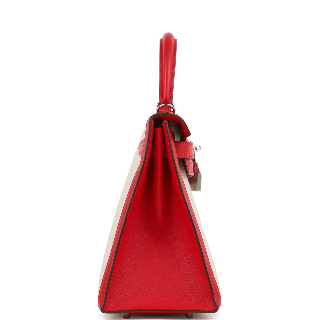 Pre-owned Hermes Kelly Sellier 28 Rouge De Coeur Swift And Beige-Ecru Toile H Canvas Palladium Hardware