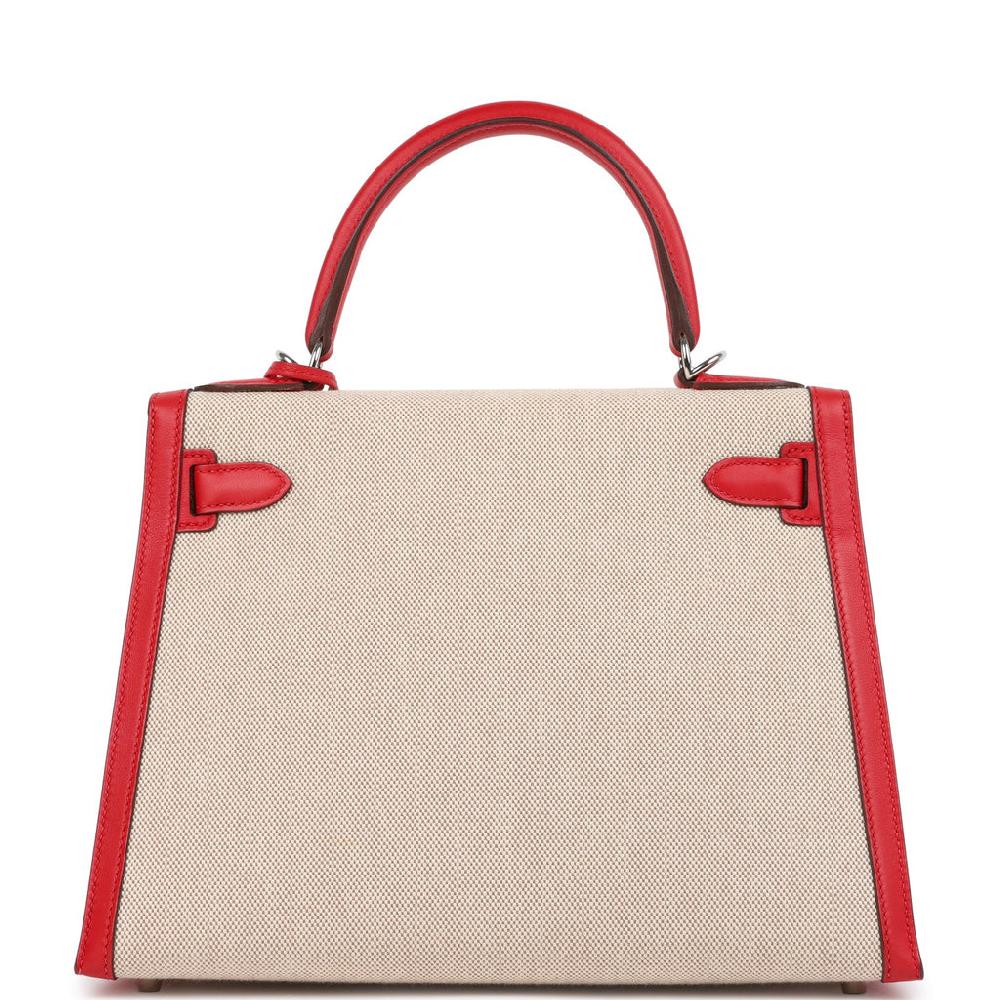 Pre-owned Hermes Kelly Sellier 28 Rouge De Coeur Swift And Beige-Ecru Toile H Canvas Palladium Hardware